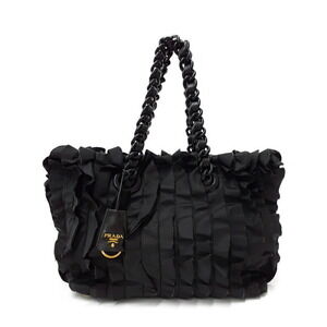 Prada Tessuto Ruffle Chain Tote Bag black ruffled body Shoulder Bag